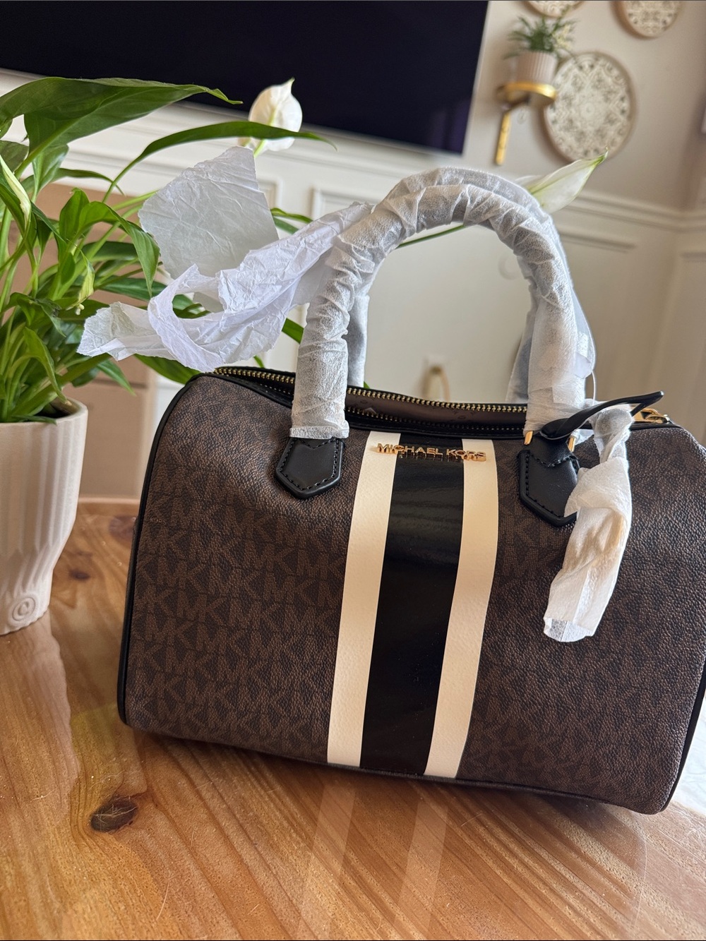 Michael Kors Brown Logo Stripe Satchel with Black and White Center Stripe